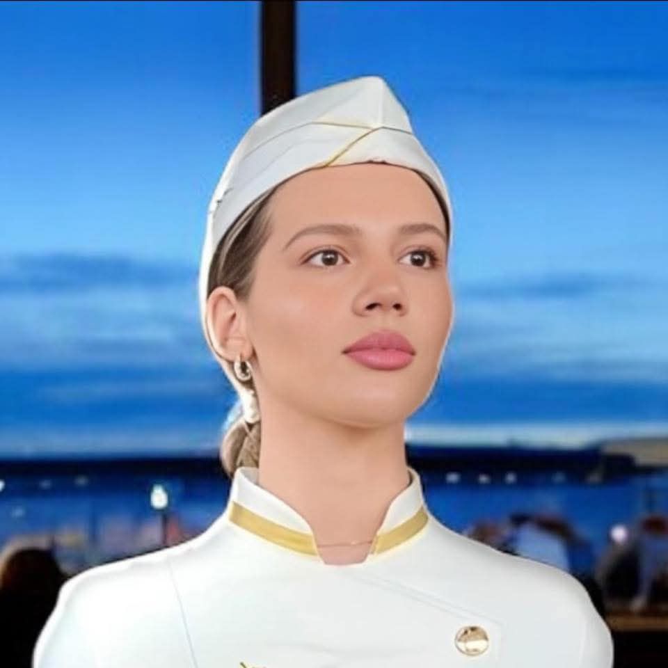 Женщина в форме на фоне неба, выглядит как стюардесса или сотрудник обслуживающей службы.