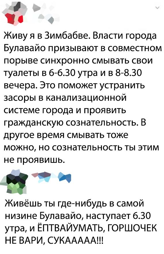 Живу я в Зимбабве Власти города Булавайо призывают в совместном порыве синхронно смывать свои туалеты в 6 630 утра и в 8 830 вечера Это поможет устранить засоры в канализационной системе города и проявить гражданскую сознательность В другое время смывать тоже можно но сознательность ты этим не проявишь _ичи Живёшь ты гденибудь в самой низине Булавайо наступает 630 утра и ЁПТВАЙУМАТЬ ГОРШОЧЕК НЕ ВА