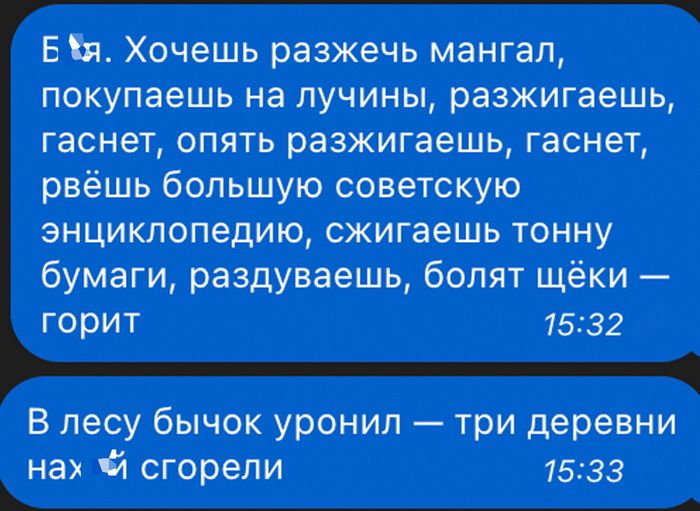 Е ін Хочешь разжечь мангал покупаешь на пучины разжигаешь гаснет опять разжигаешь гаснет рвёшь большую советскую энциклопедию сжигаешь тонну бумаги раздуваешь болят щёки горит 1532 В лесу бычок уронил три деревни нах сгорели 1 3