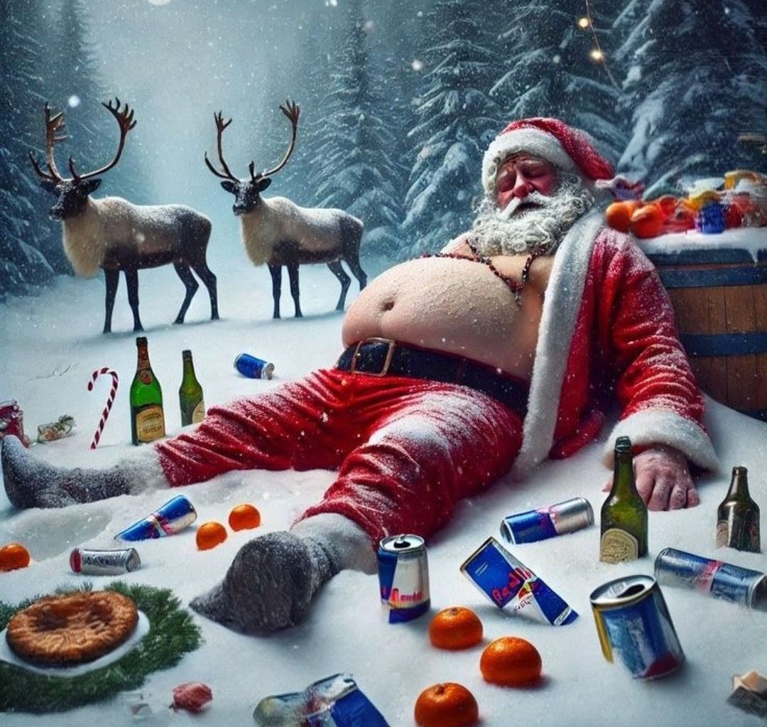 Толстый Дед Мороз лежит на снегу рядом с оленями и пустыми бутылками
