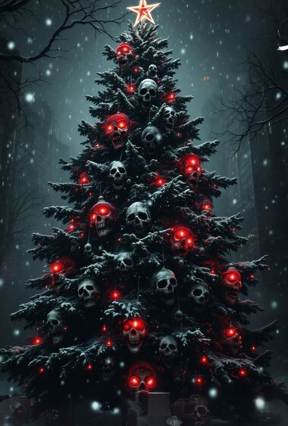 Елка с черепами и красными светодиодами в мрачном лесу