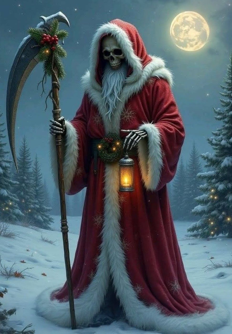 Санта-Клаус в красном халате держит косу и фонарик на снежном лесу под луной.