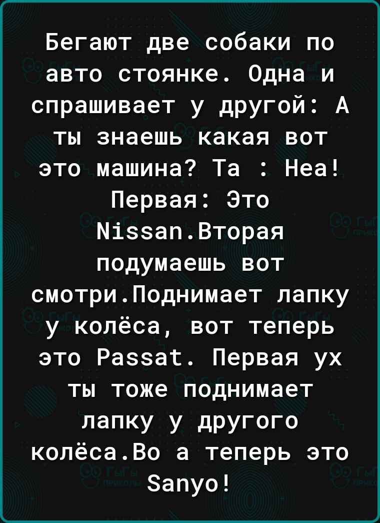 Бегают две собаки по авто стоянке Одна и спрашивает у другой А ты знаешь какая вот это машина Та Неа Первая Это МіззапВторая подумаешь вот смотриПоднимает папку у колёса вот теперь это Раззат Первая ух ты тоже поднимает лапку у другого колёсаВо а теперь это Запуо