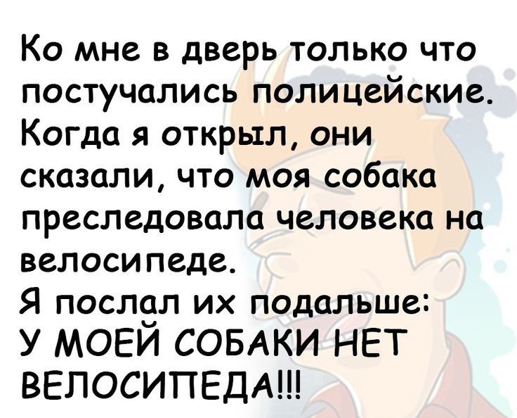 Ко мне в дверь только что постучались полицейские Когда я открыл они сказали что моя собака преследовала человека на велосипеде Я послел их подальше У МОЕИ СОБАКИ НЕТ ВЕПОСИПЕДА