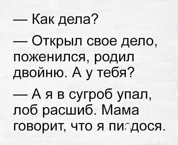 Как дела Открыл свое дело поженипся родил двойню А у тебя А я в сугроб упал поб расшиб Мама говорит что я пигдося