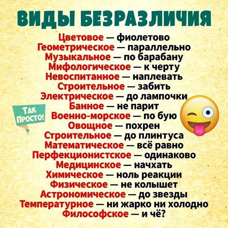 ___Ёвиды изизличия Цветовое фиолетово Геометрическое параллельно Музыкальное по барабану Мифологическое к черту Невоспитанное наплевать Строительное забить Электрическое до лампочки Банное не парит Военно морское по бую Овощное похрен Строительное до плинтуса Математическое всё равно Перфекционистское одинаково Медицинское начхать Химическое ноль реакции Физическое не колышет Астрономическое до зв