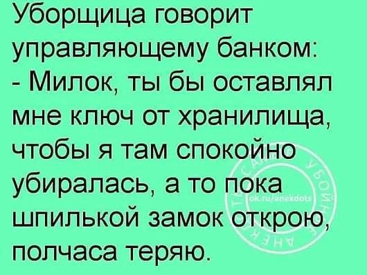 Уборщица говорит управляющему банком Милок ты бы оставлял мне ключ от хранилища чтобы я там спокойно убиралась а то пока шпилькой замок открою полчаса теряю