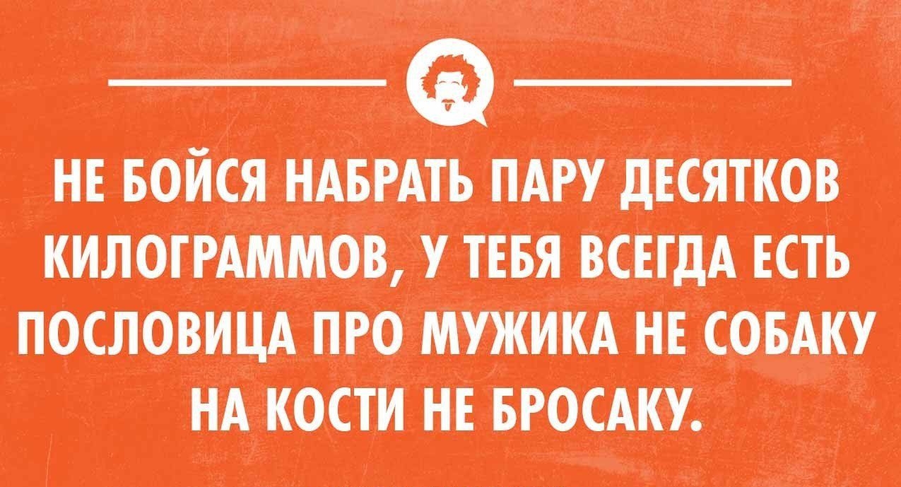НЕ БОЙСЯ НАБРАТЬ ПАРУ ДЕСЯТКОВ КИЛОГРАММОВ У ТЕБЯ ВСЕГДА ЕСТЬ ПОСЛОВИЦА ПРО МУЖИКА НЕ СОБАКУ НА КОСТИ НЕ БРОСАКУ