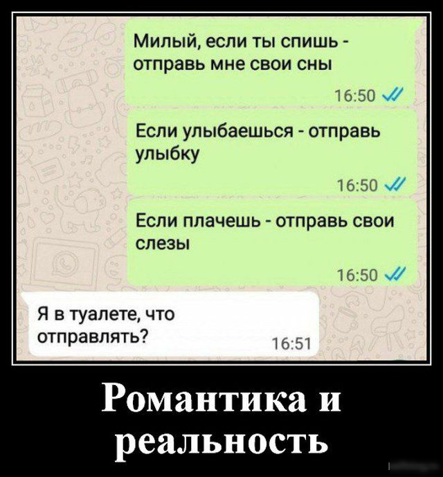 Милый если ты спишь отправь мне свои сны Если улыбаешься отправь улыбку Если плачешь отправь свои слезы Я в туалете что отправлять Романтика и реальность