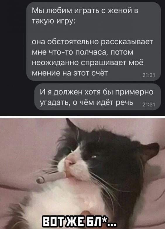 Мы любим играть с женой в такую игру она обстоятельно рассказывает мне что то полчаса потом неожиданно спрашивает моё мнение на этот счёт И я должен хотя бы примерно угадать о чём идёт речь