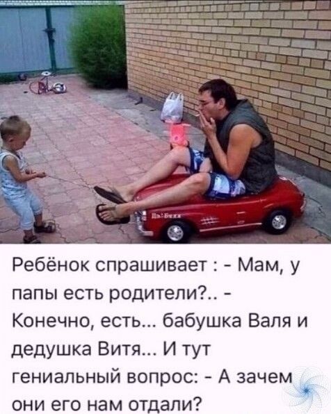Ребёнок спрашивает Мам у папы есть родители Конечно есть бабушка Валя и дедушка Витя И тут гениальный вопрос А зачем они его нам отдали
