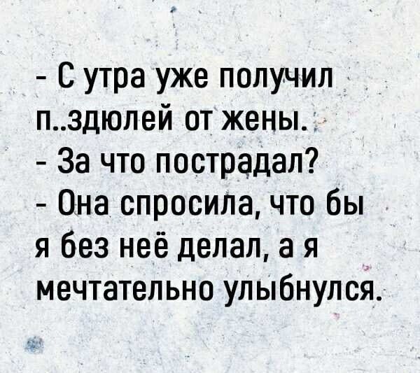 С утра уже получил пздюлей от жены За что пострадал Она спросила что бы я без неё делал а я мечтательно улыбнулся