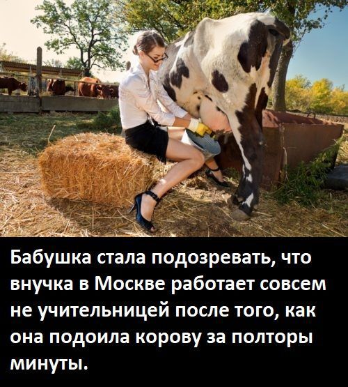 да _ Бабушка стала подозревать что внучка в Москве работает совсем НЕ УЧИТЕЛЬНИЦЕЙ ПОСЛЕ ТОГО как она подоила корову за полторы минуты
