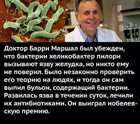 доктор Барри Маршал был убежцею что бактерии хеликобактер пилори вызывают язву желудка но никто ему не поверил Было незаконно проверить его теорию на людях и тогца он сам выпил бульон содержащий бактерии Развилась язва в течении суток лечили их антибиотиками Он выиграл нобелев скую премию