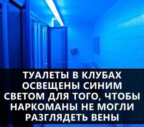 ТУАЛЕТЫ В КЛУБАХ ОСВЕЩЕНЫ СИНИМ СВЕТОМ дЛЯ ТОГО ЧТОБЫ НАРКОМАНЫ НЕ МОГЛИ РАЗГЛЯДЕТЬ ВЕНЫ