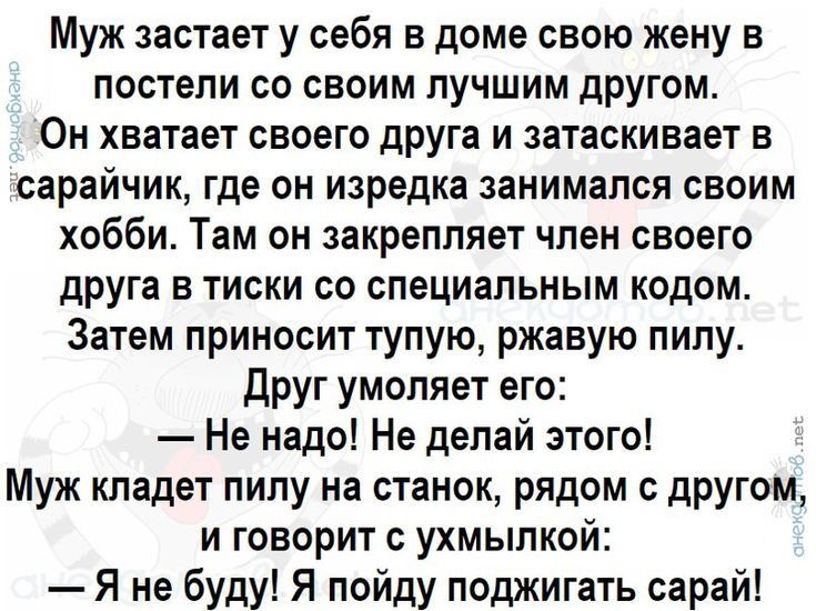 Муж застает у себя в доме свою жену в постели со своим лучшим другом Он хватает своего друга и затаскивает в сарайчик где он изредка занимался своим хобби Там он закрепляет член своего друга в тиски со специальным кодом Затем приносит тупую ржавую пилу Друг умоляет его Не надо Не делай этого Муж кладет пилу на станок рядом с другом и говорит с ухмылкой Я не буду Я пойду поджигать сарай