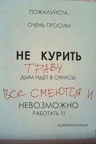 ПОЖААУЙСТА ОЧЕНЬ ПРОСИМ не курить тиц АЫМ ИАЕТ В ОФИСЫ смеются И НЕВОЗМОЖНО РАБОТАТЬ мммнжгшм _
