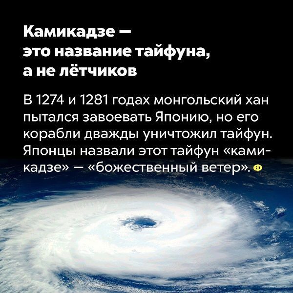 Камикадзе это название тайфуна а не лётчиков В 1274 и 1281 годах монгольский хан пытался завоевать Японию но его корабли дважды уничтожил тайфун Японцы назвали этот тайфун ками кадзе божественный ветер