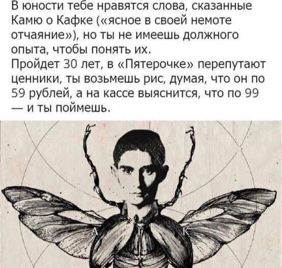 В юности тебе нравятся слова сказанные Камю о Кафка ясное в своей немоте отчаяние но ты не имеешь должного опыта чтобы понять их Пройдет 30 лет в Пятерочке перепутают ценники ты возьмешь рис думая что он по 59 рублей а на кассе выяснится что по 99 _ и ты поймешь