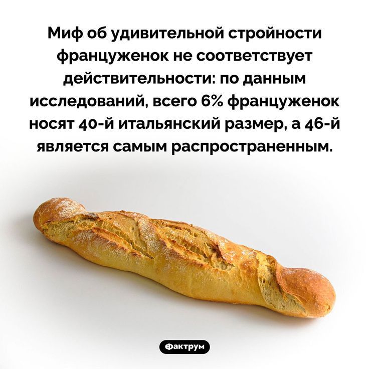 Миф об удивительной стройности француженок не соответствует действительности по данным исследований всего 6 француженок носят 40 й итальянский размер в 46 й является самым распространенным