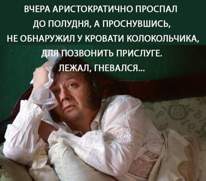 ВЧЕРА АРИСТОКРАТИЧНО ПРОСПАЛ ДО ПОЛУДНЯ А ПРОСНУВШИСЬ НЕ ОБНАРУЖИП У КРОВАТИ КОЛОКОПЬЧИКА ПОЗВОНИТЬ ПРИСЛУГЕ ЛЕЖАЛ ГНЕВАПСЯ