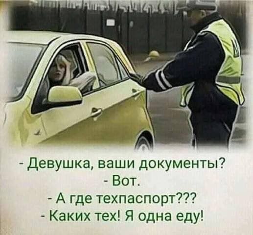 Девушка ваши документы Вот А где техпаспорт Каких тех Я одна еду
