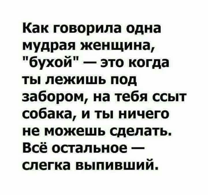Как говорила одна мудрая женщина бухой это когда ты лежишь под забором на тебя ссыт собака и ты ничего не можешь сделать Всё остальное слегка выпивший