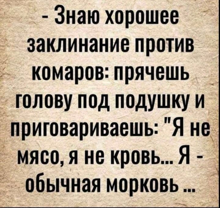 Знаю хорошее заклинание против _ комаров прячешь _ голову под подушку и приговариваешь Я не мясо я не кровь Я обычная морковь