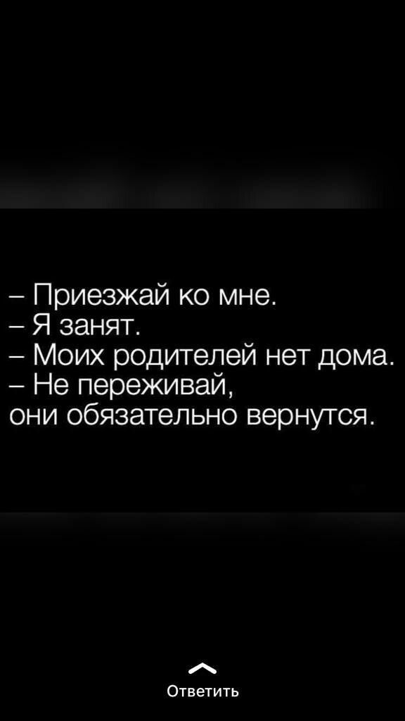 Приезжай ко мне Я занят Моих родителей нет дома Не переживай они обязательно вернутся Ответить