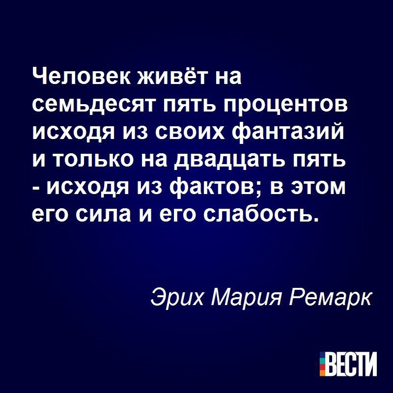 Человек живёт на семьдесят пять процентов исходя из своих фантазий и только на двадцать пять исходя из фактов в этом его сила и его слабость Эрих Мария Ремарк