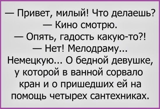 Привет милый Что делаешь Кино смотрю Опять гадосгь какуюто Нет Мелодраму Немецкую О бедной девушке у которой в ванной сорвало кран и о пришедших ей на помощь четырех сантехниках
