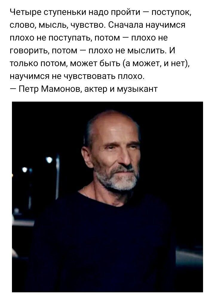 Четыре ступеньки надо пройти поступок слово мысль чувство Сначала научимся плохо не поступать потом 7 плохо не говорить потом плохо не мыслить И только потом может быть а может и нет научимся не чувствовать плохо Петр Мамонов актер и музыкант
