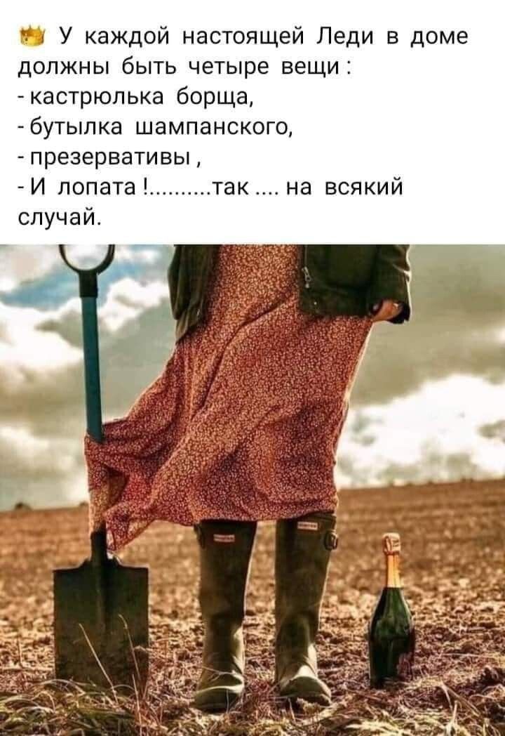 И У каждой настоящей Леди в доме должны быть четыре вещи кастрюлька борща бутылка шампанского презервативы И попата случай так на всякий