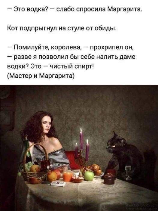Зто водка слабо спросила Маргарита Кот подпрыгнул на стуле от обиды _ Помилуйте королева прохрипел он _ разве я позволил бы себе налить даме водки Это чистый спирт Мастер и Маргарита