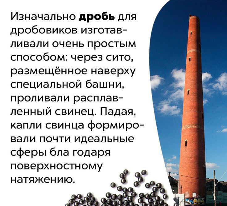 Изначально дробь для дробовиков изготав ливали очень простым способом через сито размещенное наверху специальной башни проливали расплав ленный свинец Падал капли свинца формиро вали почти идеальные сферы бла годаря поверхностному натяжению