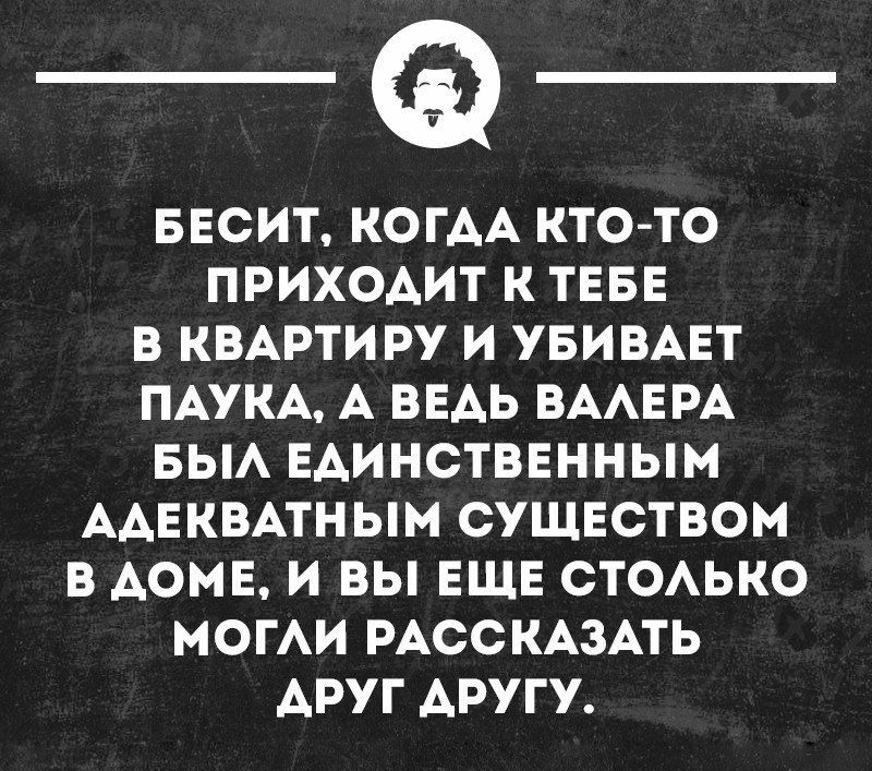 БЕСИТ КОГДА КТО ТО ПРИХОАИТ К ТЕБЕ В КВАРТИРУ И УБИВАЕТ ПАУКА А ВЕАЬ ВААЕРА БЫА ЕАИНСТВЕННЫМ ААЕКВАТНЫМ СУЩЕСТВОМ В АОМЕ И ВЫ ЕЩЕ СТОАЬКО МОГАИ РАССКАЗАТЬ АРУГ АРУГУ шииноинн