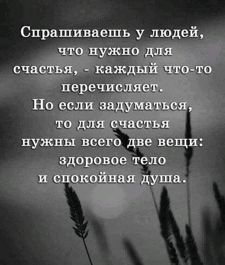 Спрашиваешь у людей что нужно для счастья каждый чтото перечисляет Но если задуматься то для счастья нужны всего две вещи здоровое тело и спокойная душа