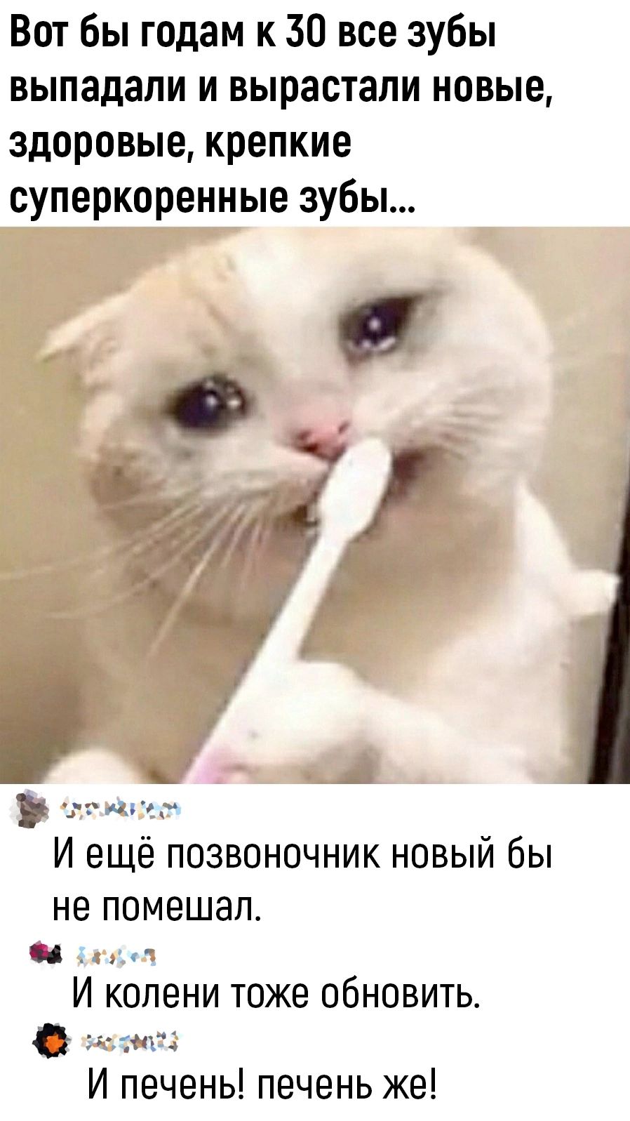 Вот Бы годам к 30 все зубы выпадали И вырастали НОВЫЕ здоровые крепкие суперкоренные зубы о а _ _ И еще позвоночник новыи бы не помешал И колени тоже обновить с И печень печень же