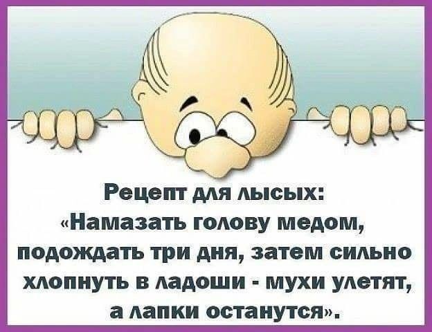 Рецепт мя лысых Намазать голову медом ПОДОЩВТЪ три дня затем СИАЬПО ХАОППУТЪ В ладоши МУХИ улетят а лапки останутся