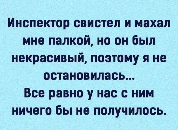 Инспектор свистел и махал мне палкой но он был некрасивый поэтому я не остановилась Все равно у нас с ним ничего бы не получилось