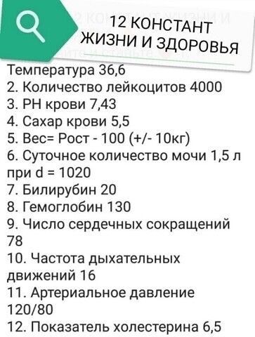 12 консмнт ЖИЗНИ И Здоровья Температура 36 6 2 Количество лейкоцитов 4000 З РН крови 743 4 Сахар крови 55 5 Вес Рост 100 10кг 6 Суточное количество мочи 15 л при 1 1020 7 Билирубин 20 8 Гемоглобин 130 9 Число сердечных сокращений 78 10 Частота дыхательных движений 16 11 Артериальное давление 12080 12 Показатель холестерина 65