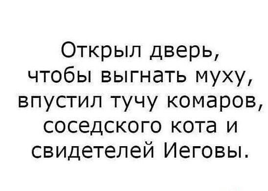 Открыл дверь чтобы выгнать муху впустил тучу комаров соседского кота и свидетелей Иеговы