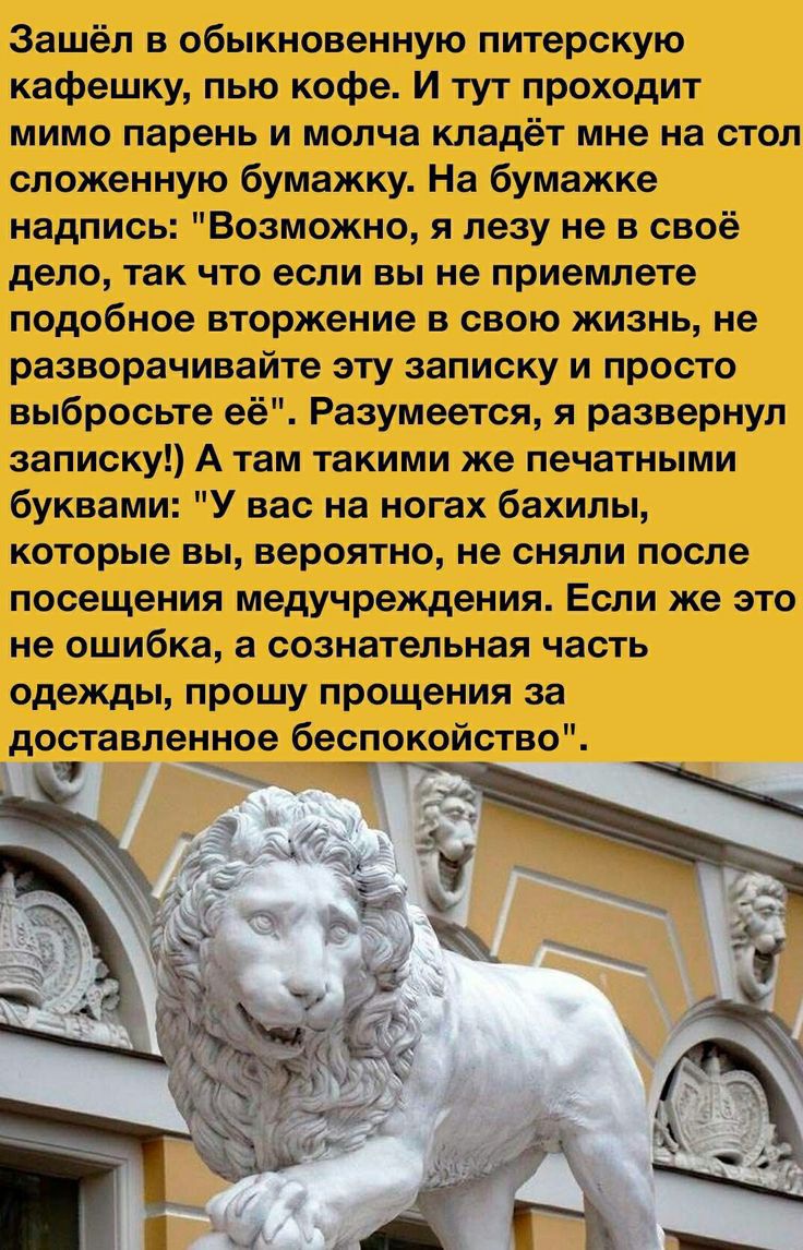 Зашёл в обыкновенную питерскую кафешку пью кофе И тут проходит мимо парень и молча кладёт мне на стол сложенную бумажку На бумажке надпись Возможно я лезу не в своё дело так что если вы не приемлете подобное вторжение в свою жизнь не разворачивайте эту записку и просто выбросьте её Разумеется я развернул записку А там такими же печатными буквами У вас на ногах бахилы которые вы вероятно не сняли п