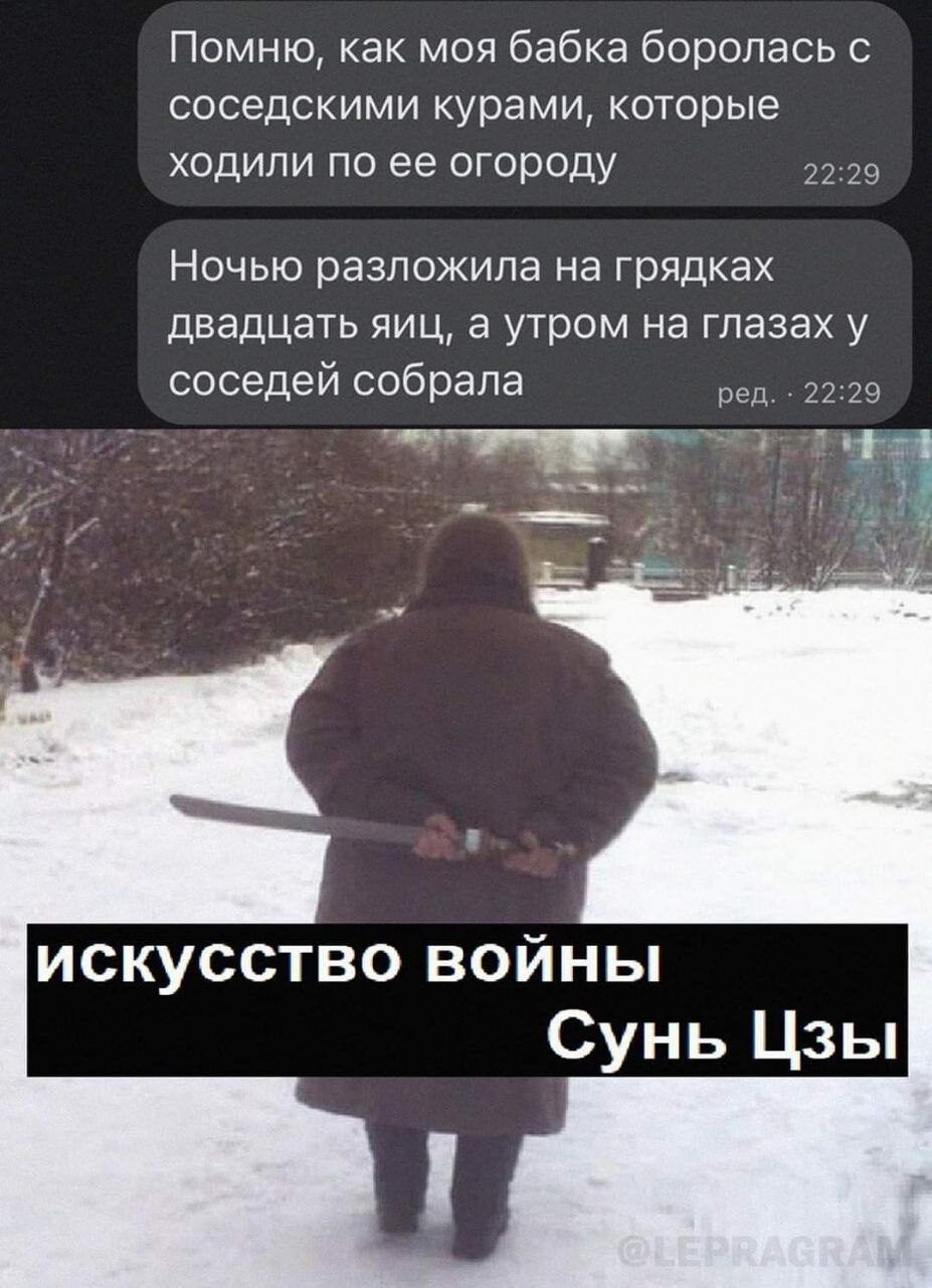 Помню как моя бабка боролась соседскими курами которые ходили по ее огороду д НОЧЬЮ РЭЗПОЖИПЗ На грядках двадцать яиц а утром на глазах у соседей собрала тд 29 искусство войны Сунь Цзы