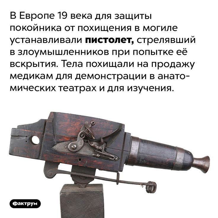 В Европе 19 века для защиты покойника от похищения в могиле устанавливали пистолет препявший в злоумышленников при попытке её вскрытия Тела похищали на продажу медикам для демонстрации в анато МИЧеСКИХ театрах И дЛЯ ИЗУЧЕНИЯ