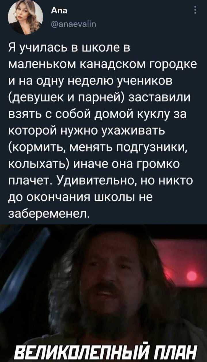 Апа аечанп Я училась в школе в маленьком канадском городке и на одну неделю учеников девушек и парней заставили взять с собой домой куклу за которой нужно ухаживать кормить менять подгузники колыхать иначе она громко плачет Удивительно но никто до окончания школы не забеременел ВЕЛИКПЛЕПНЫЙ ПЛдН