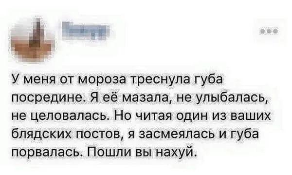 ш У меня от мороза треснула губа посредине Я её мазала не улыбалась не целовалась Но читая один из ваших бпядских постов я засмеялась и губа порвалась Пошли вы нахуй