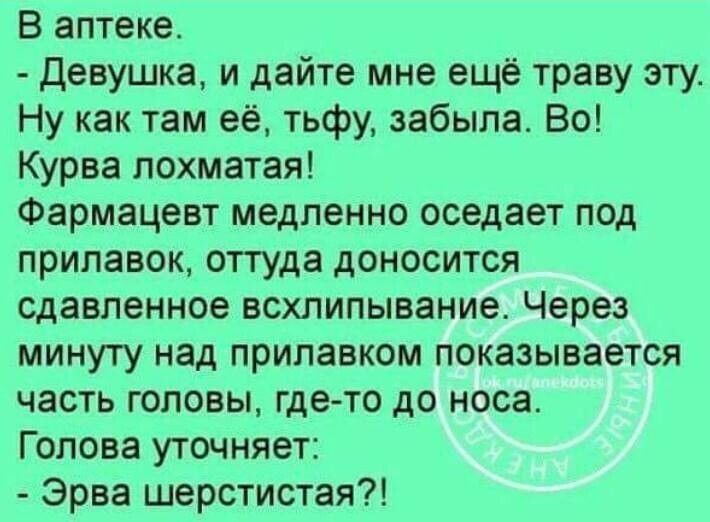 в аптеке девушка и дайте мне ещё траву эту Ну как там её тьфу забыла Во Курва лохматая Фармацевт медленно оседает под прилавок оттуда доносится сдавленное всхлипывание Через минуту над ПРИПЗВКОМ показывается часть головы где то до носа Голова уточняет Эрва шерстистая