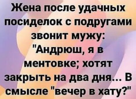 Жена после удачных посиделок с подругами звонит мужу Андрюш я в ментовке хотят закрыть на два дня В смысле вечер в хату