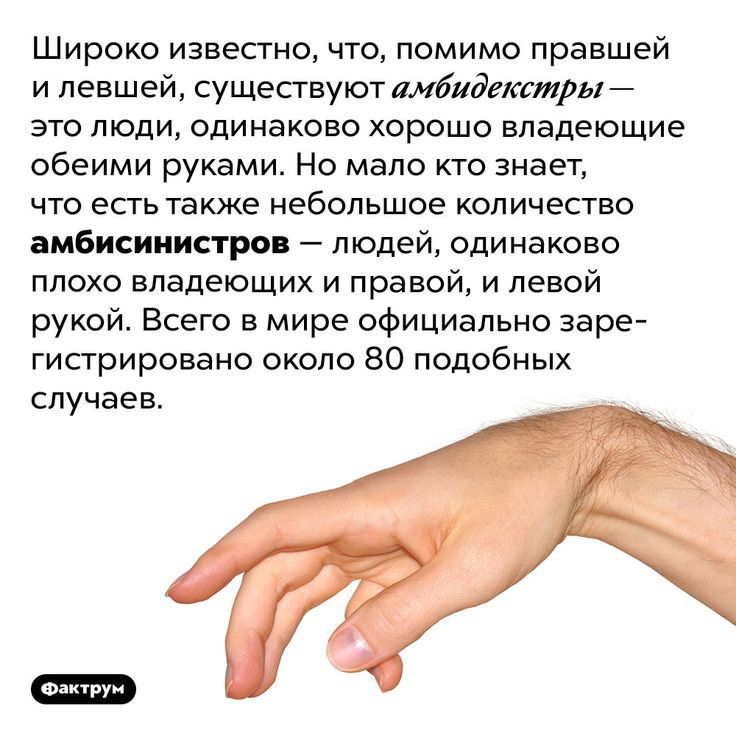 ШИРОКО ИЭВЕСГНО ЧТО ПОМИМО правшей и левшей существуют амбидектры это люди одинаково хорошо владеющие обеими руками Но мало кто знает ЧТО еСГЬ ТЭЮКЕ Небольшое КОЛИЧЕСТВО амбисииистро людей одинаково плохо владеющих и правой и левой рукой Всего в мире официально заре гистрировано около 80 подобных случаев